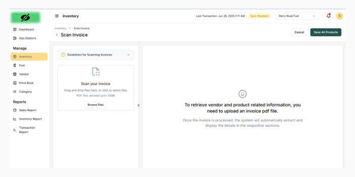 Invoice Uploading Screen